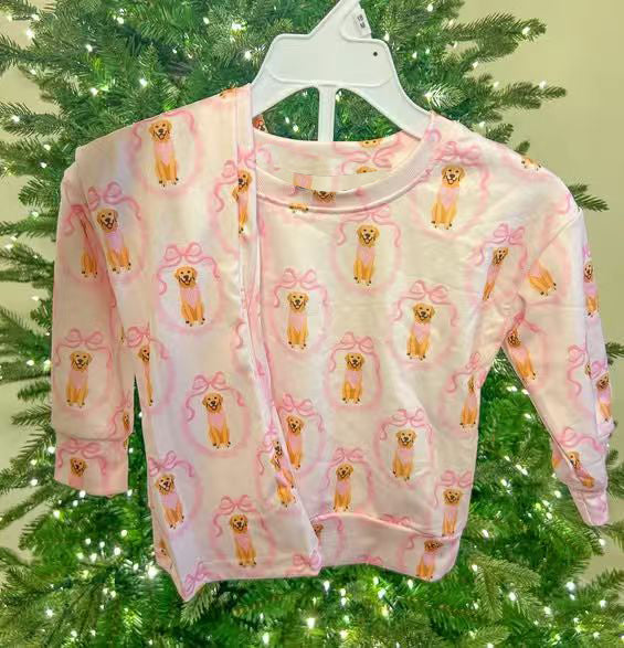 Pink bow dog design girls spring fall pajama set preorder