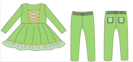 Green color design girls long sleeve outfit preorder