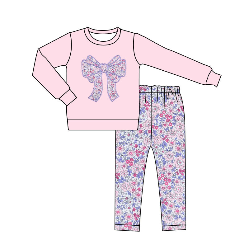 Lavender bow design girls long sleeve outfit preorder