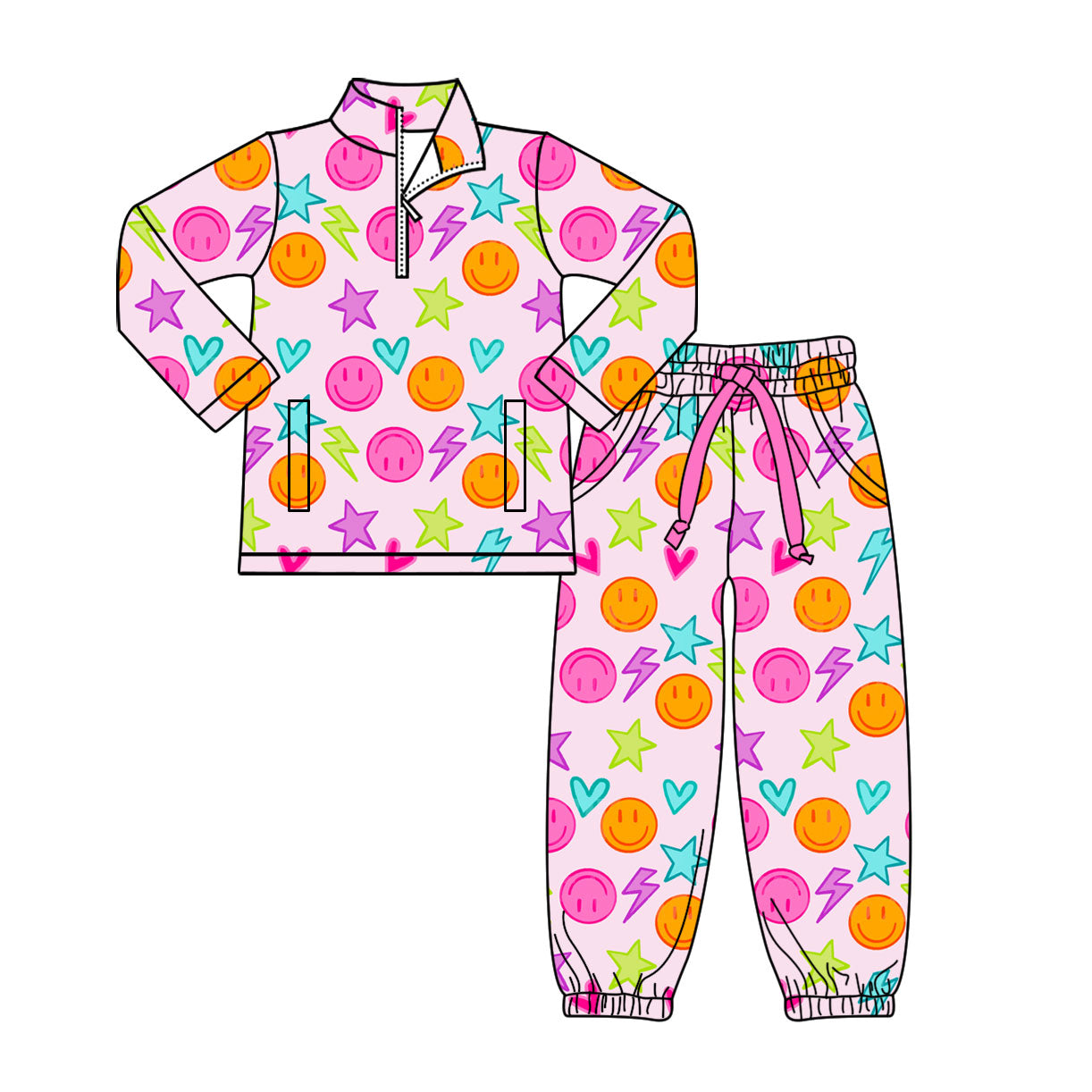 Smile face design pullover matching pants kids girls long sleeve outfit preorder