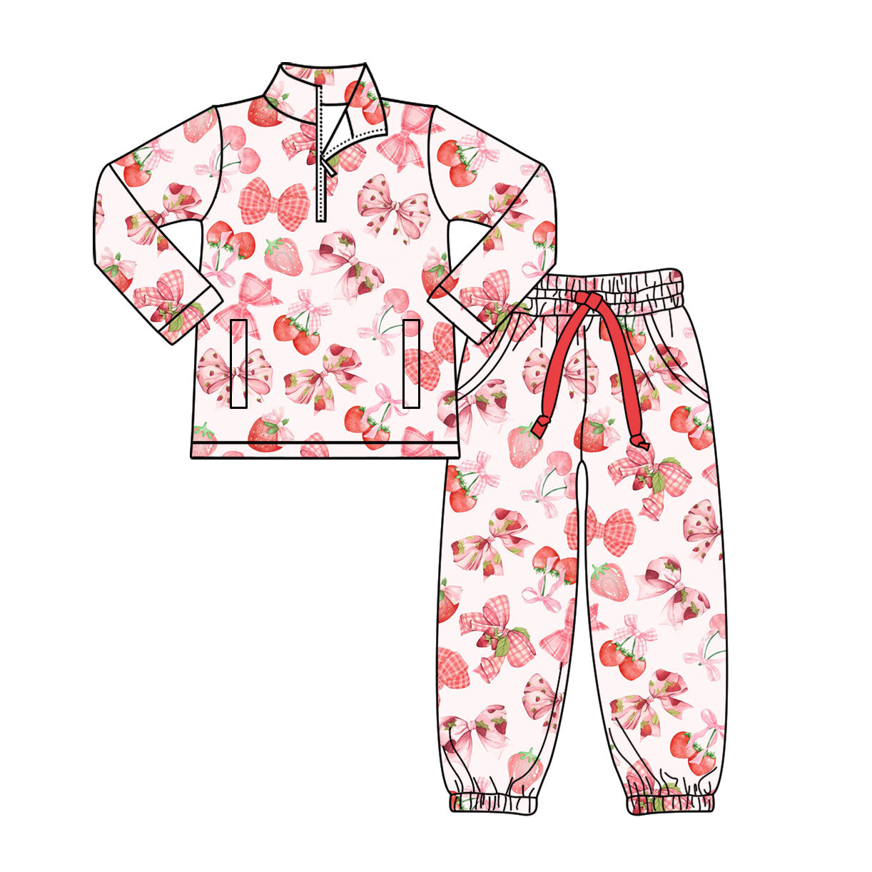 Strawberry bow design pullover matching pants kids girls long sleeve outfit preorder