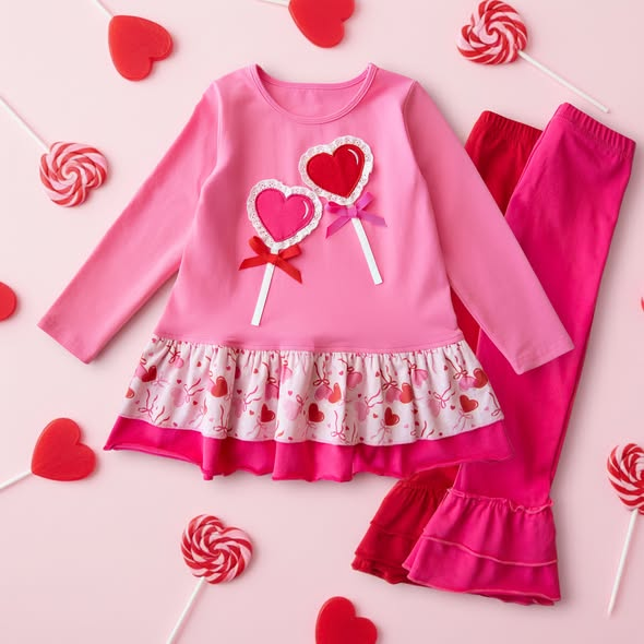 Pink long sleeve Valentines day top matching pants girls outfit preorder