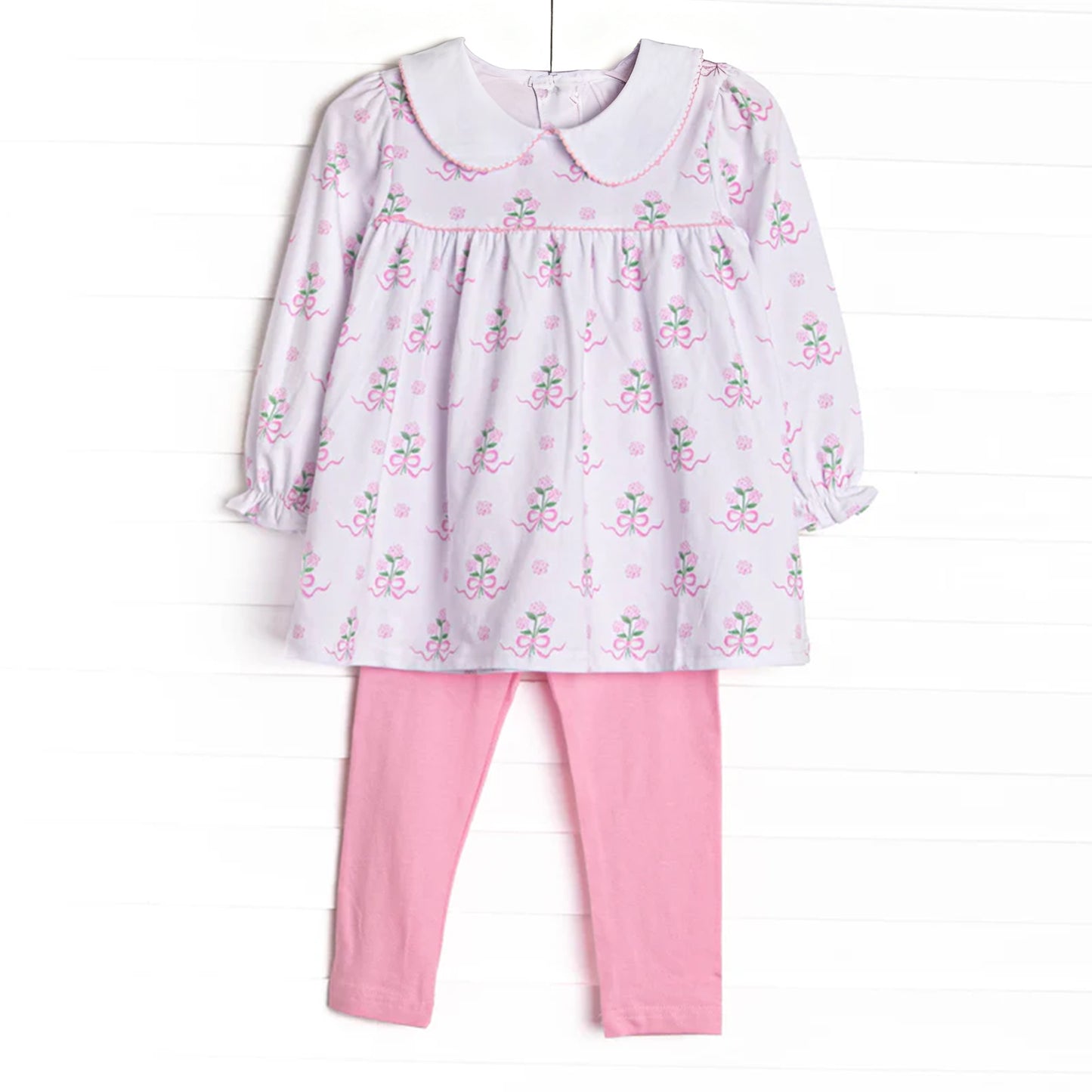 Pink floral bow design kids long sleeve outfit preorder