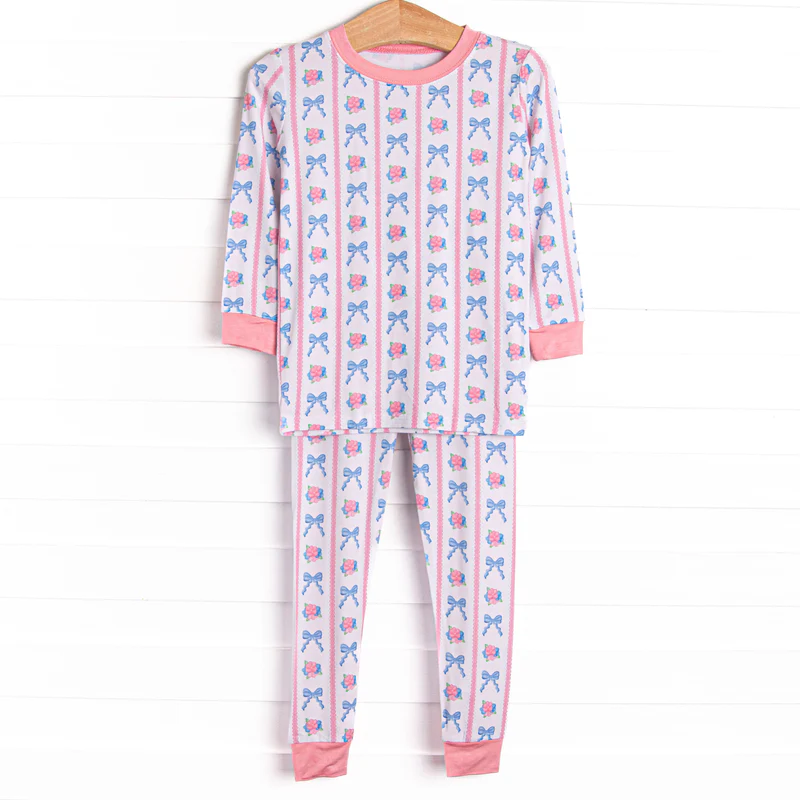Pink flowers blue bow kids long sleeve outfit preorder