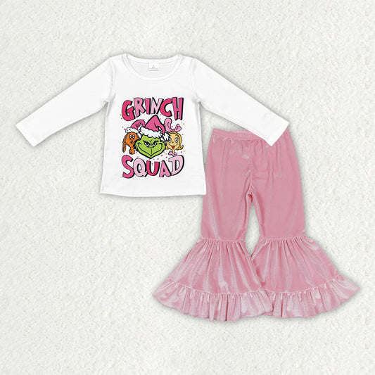 girls Christmas long sleeve top pink velvet pants outfit