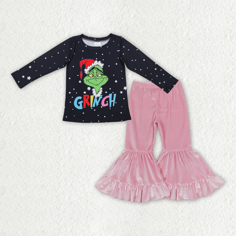 girls Christmas long sleeve top pink velvet pants outfit