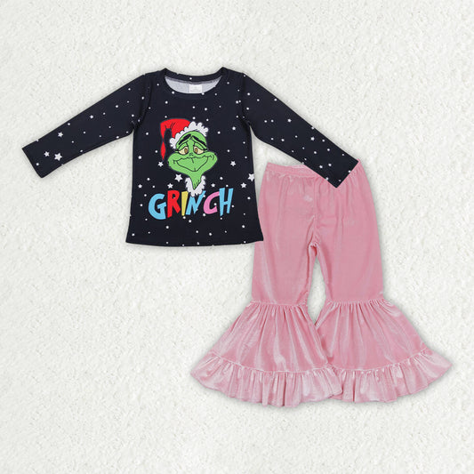 girls Christmas long sleeve top pink velvet pants outfit