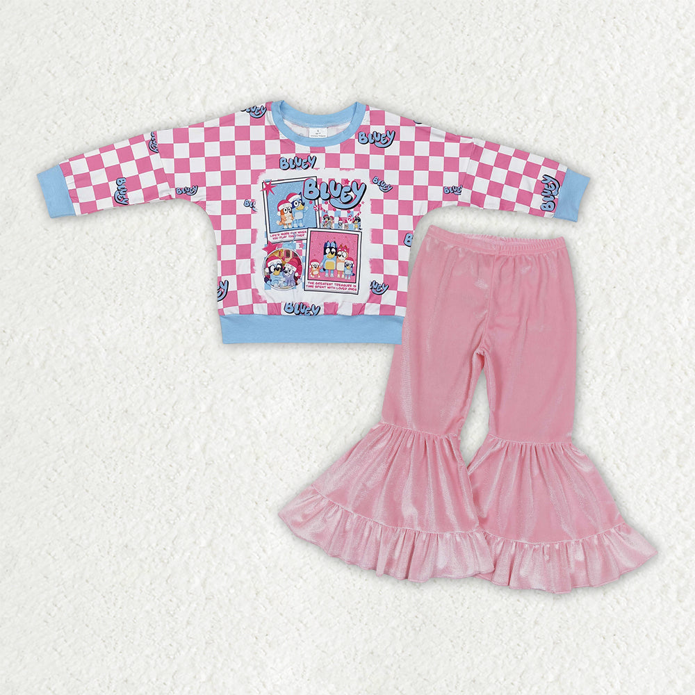 girls blue dog long sleeve top pink velvet pants outfit