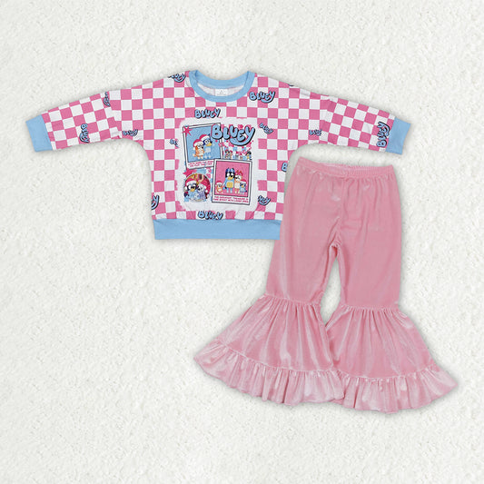 girls blue dog long sleeve top pink velvet pants outfit