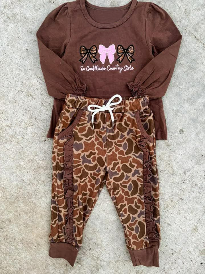 Camo bow print long sleeve top matching pants kids outfit preorder