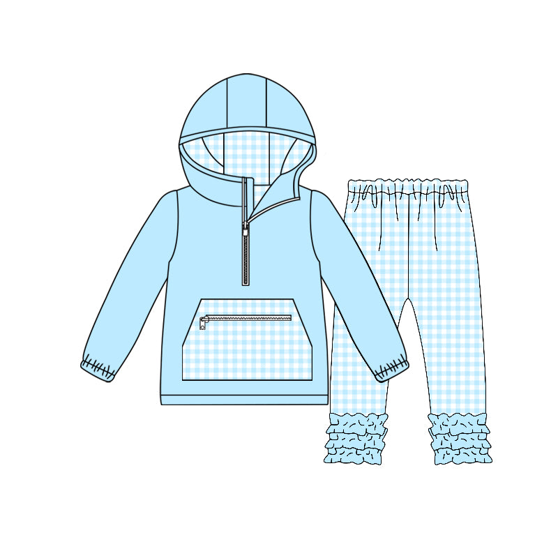 Sky blue long sleeve pocket top matching pants kids outfit preorder
