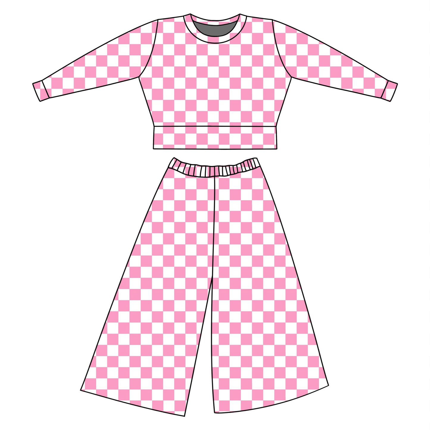 Pink checkered long sleeve top matching pants kids outfit preorder