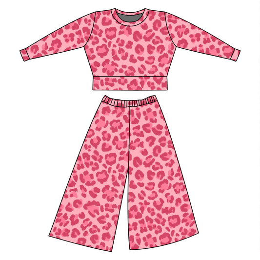 Hot pink leopard long sleeve top matching pants kids outfit preorder