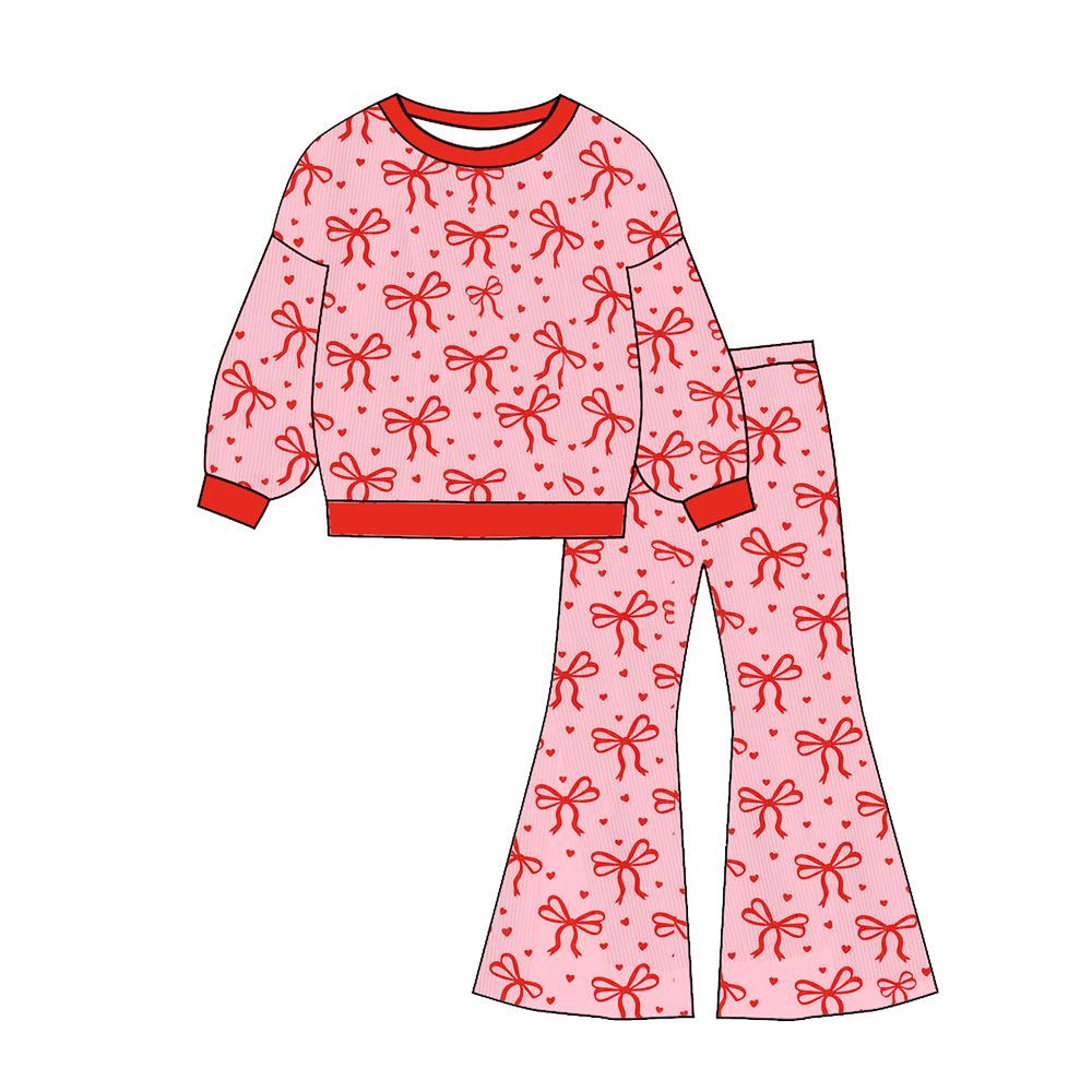 Red bow long sleeve top matching pants kids outfit preorder