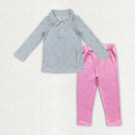 Blue floral pullover matching pants design kids spring fall long sleeve outfit