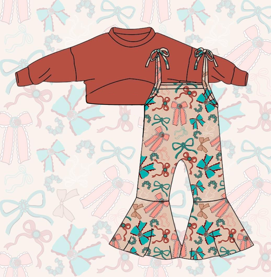 Dark red crop top bow jumpsuit kids girls outfit preorder