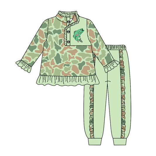 Fishing camo long sleeve pullover top matching pants girls outfit preorder