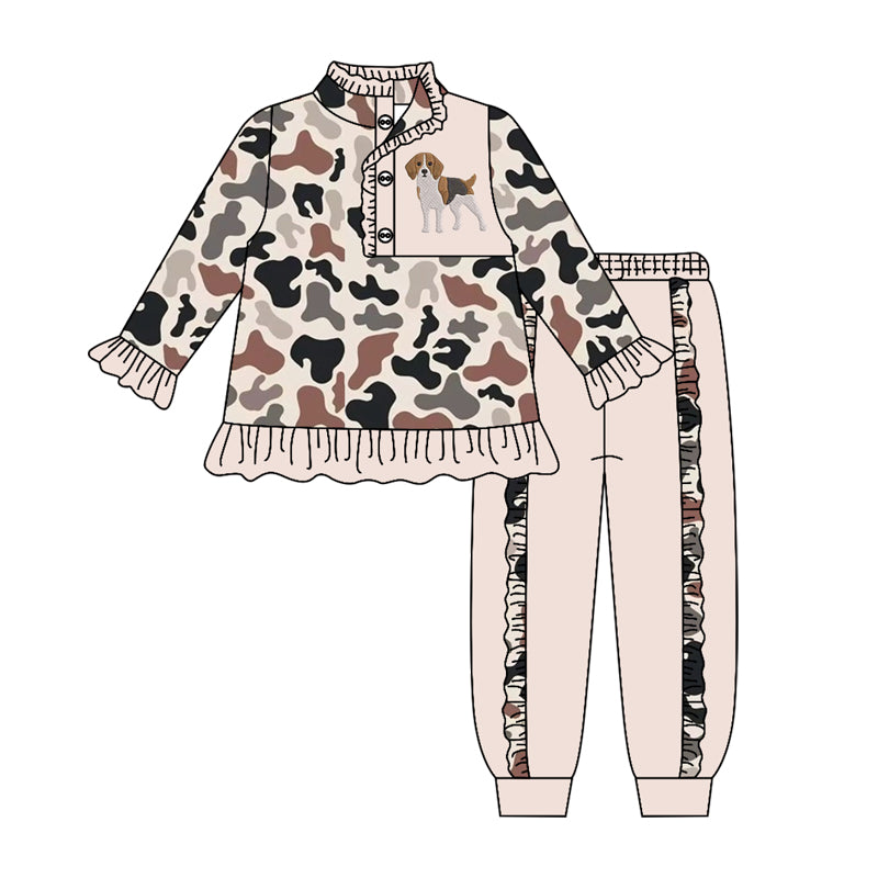 Dog camo long sleeve pullover top matching pants girls outfit preorder