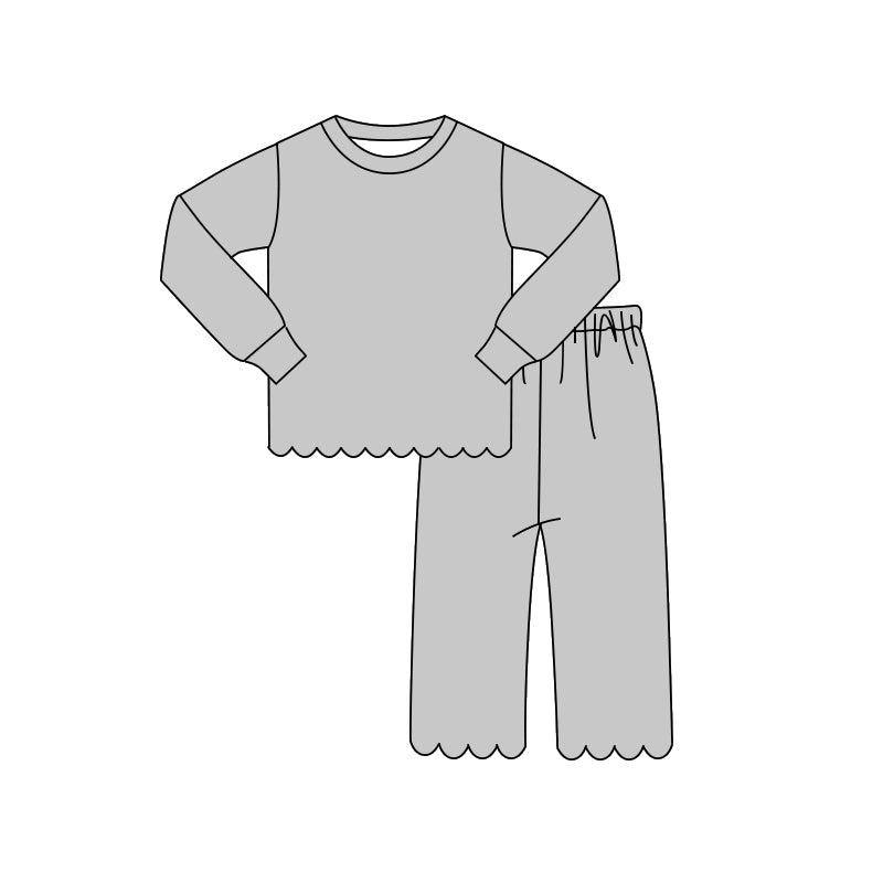 Grey long sleeve scalloped top matching pants girl outfit preorder