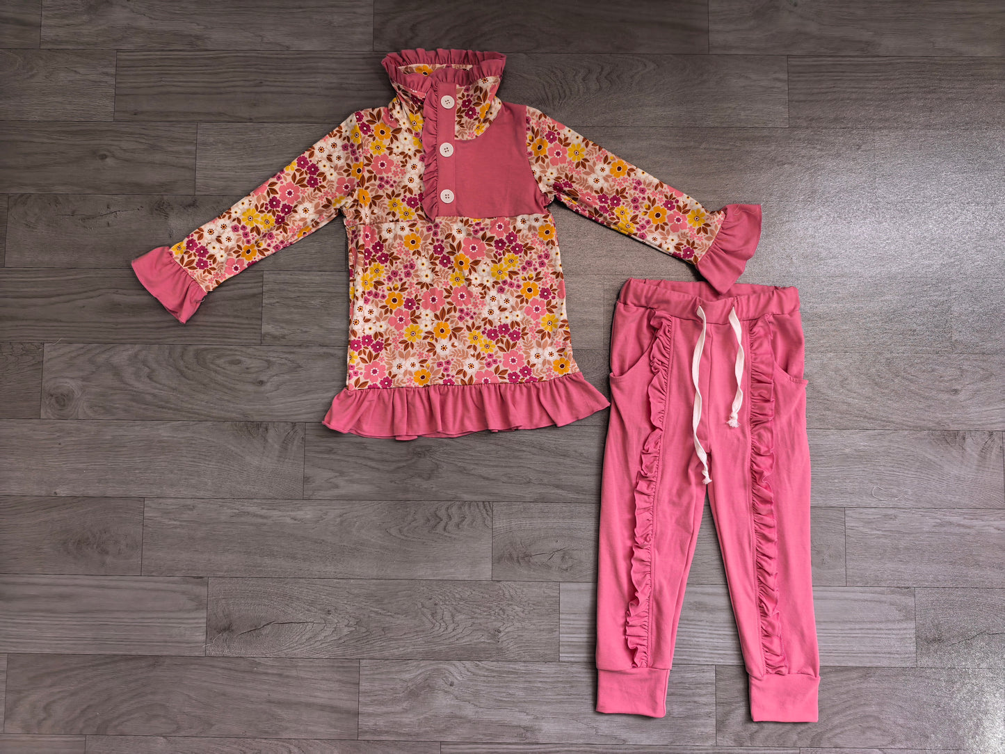Pink Flowers long sleeve pullover top matching pants boy outfit preorder