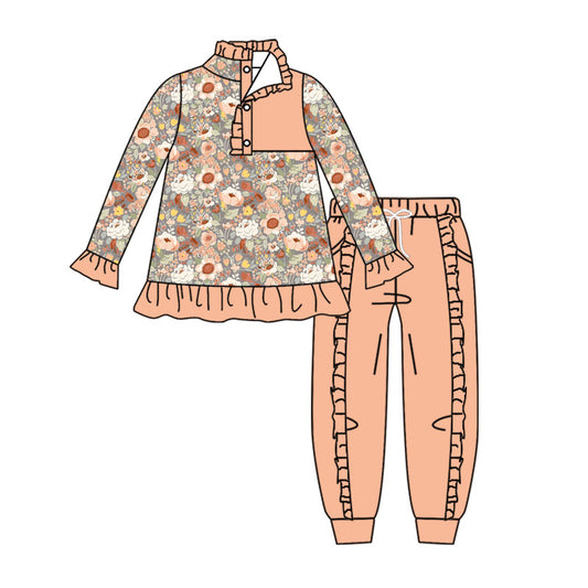 Pink Flowers long sleeve pullover top matching pants boy outfit preorder