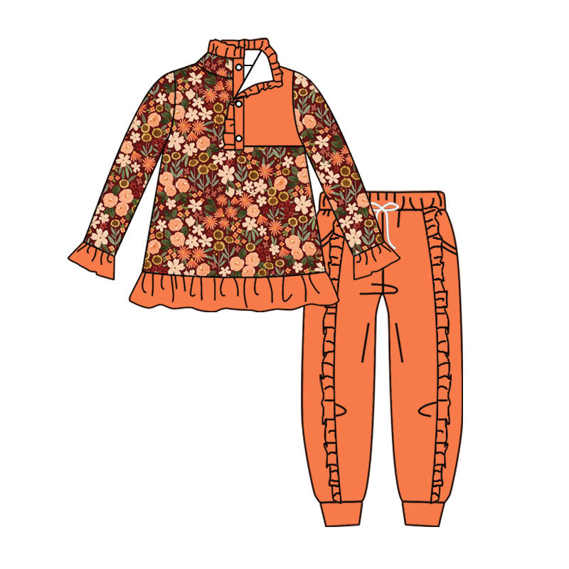 Orange Flowers long sleeve pullover top matching pants boy outfit preorder