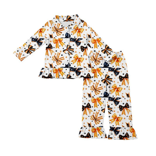 Orange black bow long sleeve long sleeve top matching pants girls Halloween pajama set outfit preorder