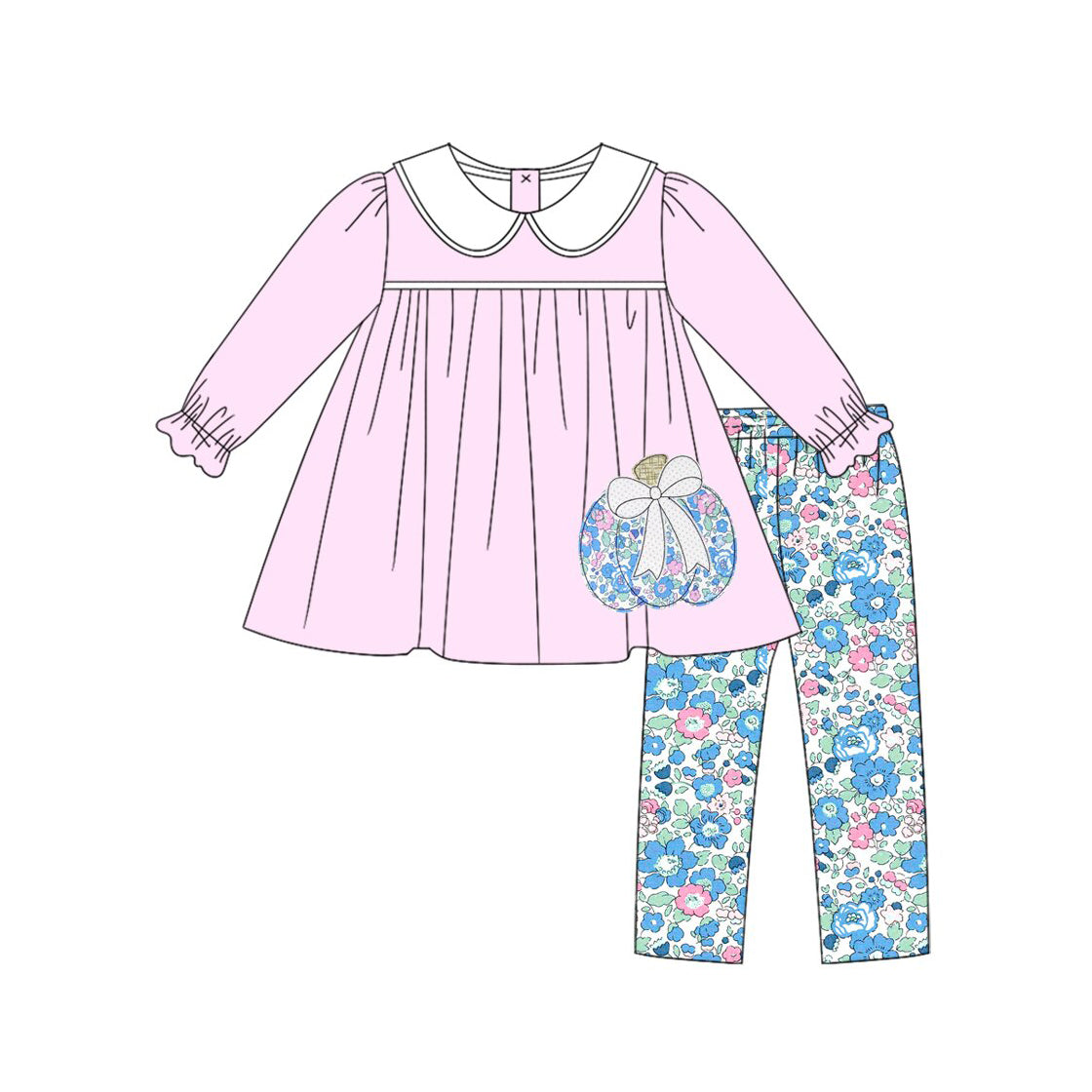 Blue floral pumpkins long sleeve tunic top matching leggings girls outfit preorder