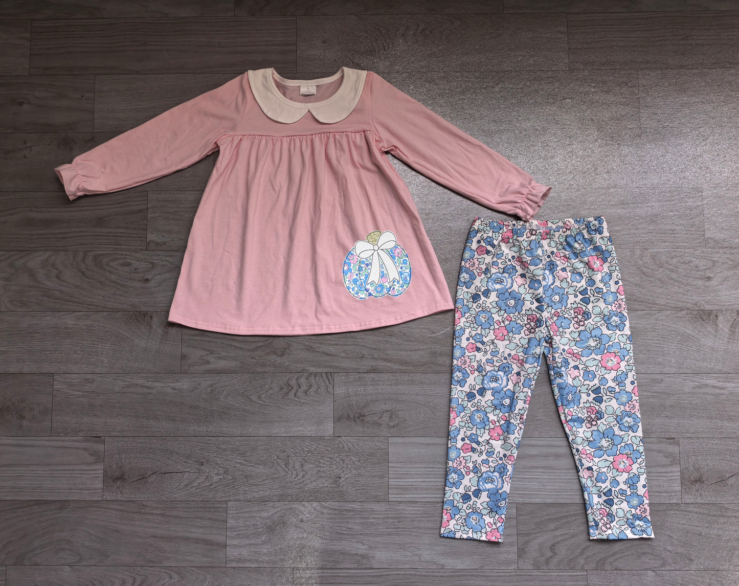 Blue floral embroidery pumpkins long sleeve tunic top matching leggings girls outfit preorder