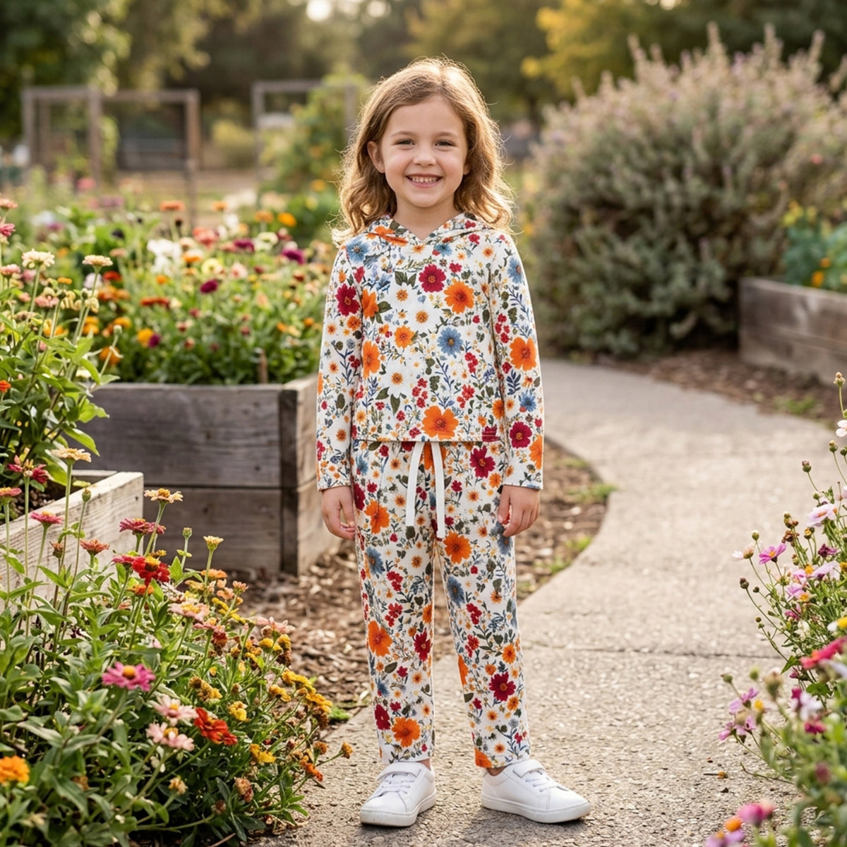 Orange flowers girls long sleeve hoodie set outfit