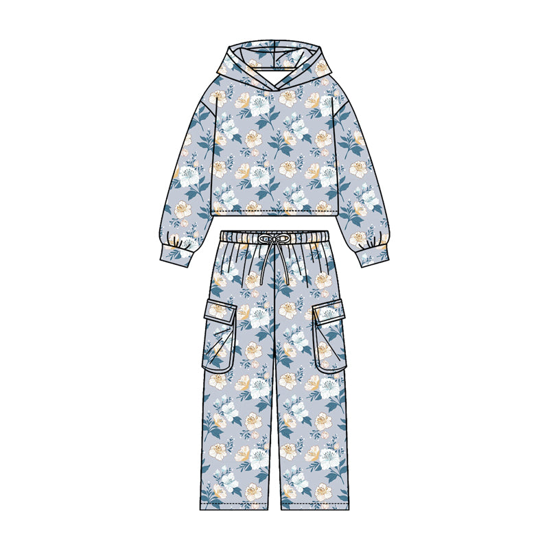 Flowers print girls long sleeve hoodie set outfit preorder