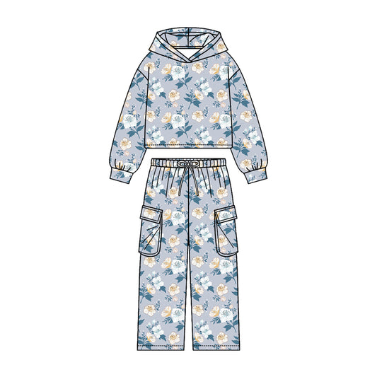 Flowers print girls long sleeve hoodie set outfit preorder