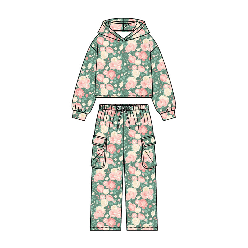 Pink Flowers print girls long sleeve hoodie set outfit preorder
