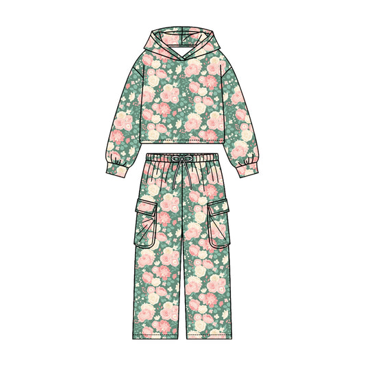Pink Flowers print girls long sleeve hoodie set outfit preorder