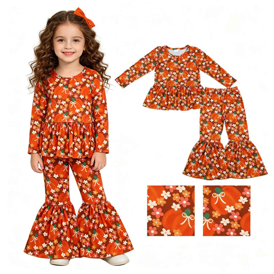 Fall Pumpkin print girls long sleeve outfit