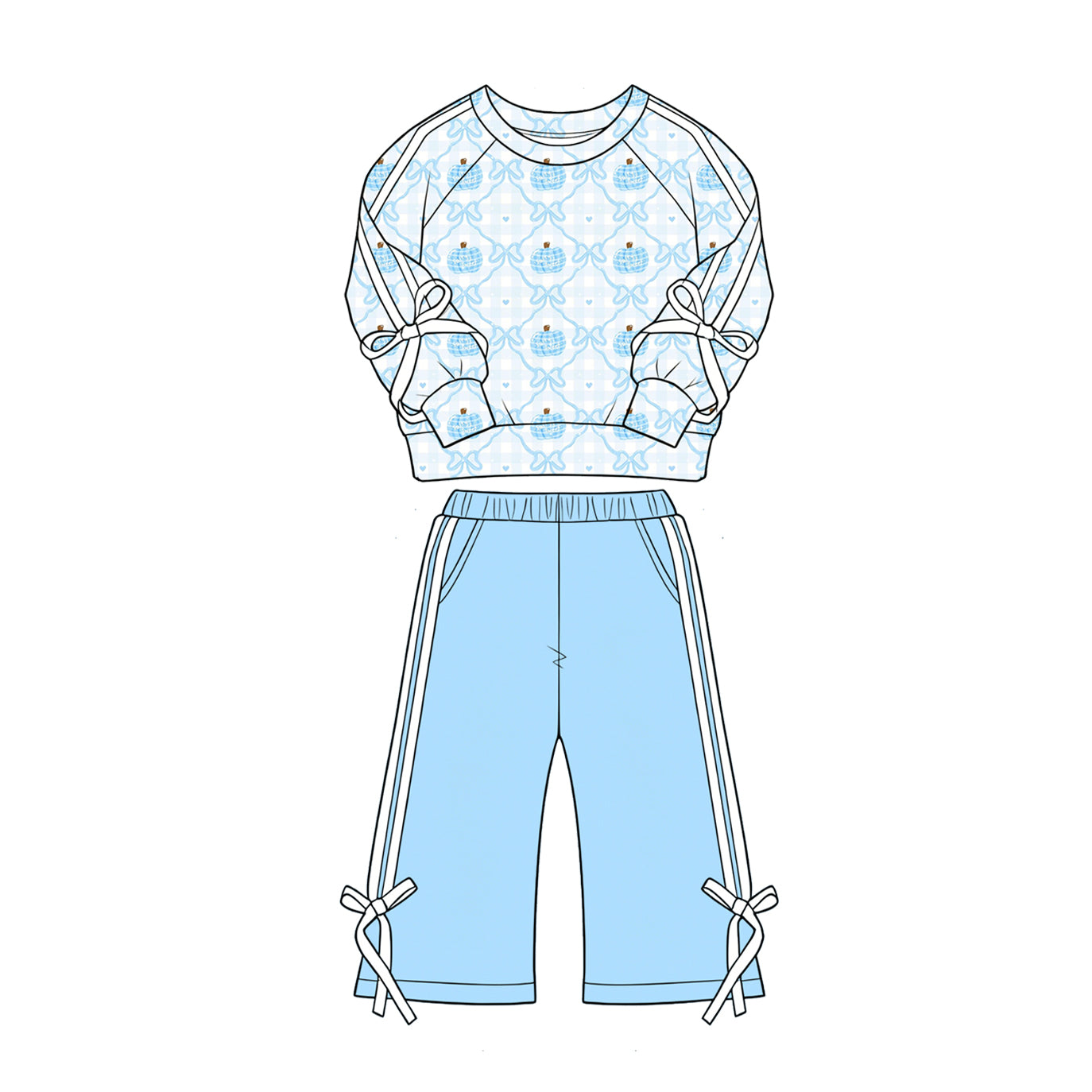Blue bow Pumpkins long sleeve top matching pants girls fall outfit preorder