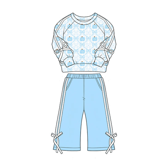 Blue bow Pumpkins long sleeve top matching pants girls fall outfit preorder