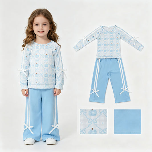 Blue bow Pumpkins long sleeve top matching pants girls fall outfit
