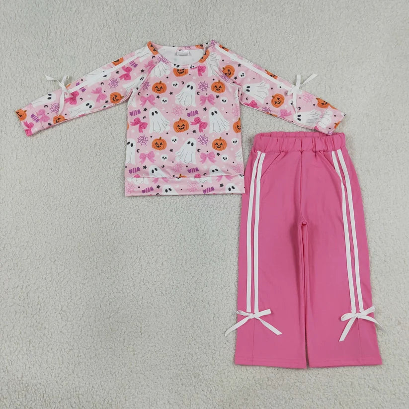 Blue bow Pumpkins long sleeve top matching pants girls fall outfit