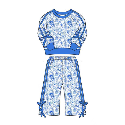 Blue flowers print long sleeve top matching pants girls fall outfit preorder