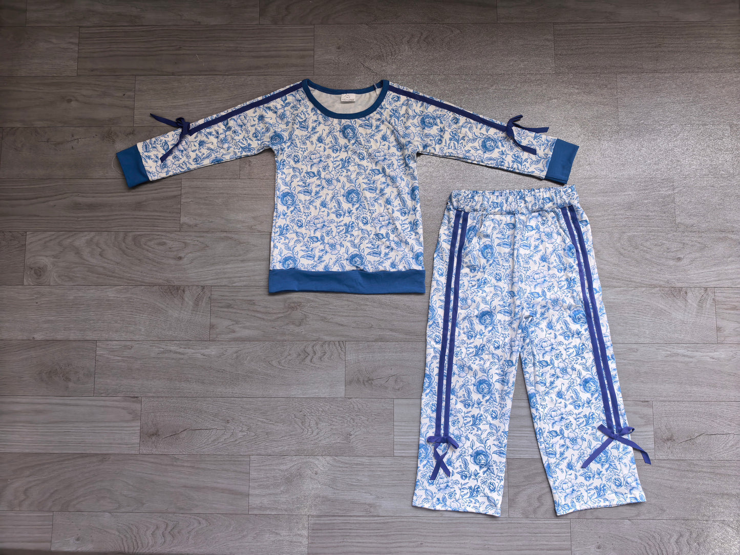 Blue flowers print long sleeve top matching pants girls fall outfit preorder