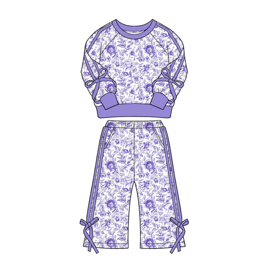 Lavender flowers print long sleeve top matching pants girls fall outfit preorder