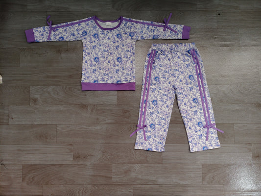 Lavender flowers print long sleeve top matching pants girls fall outfit preorder