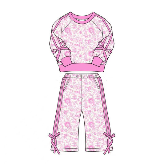 Pink flowers print long sleeve top matching pants girls fall outfit preorder