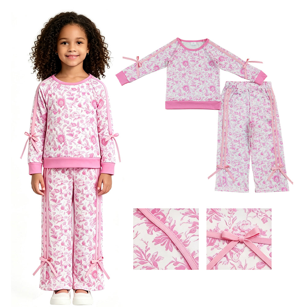 Pink flowers print long sleeve top matching pants girls fall outfit