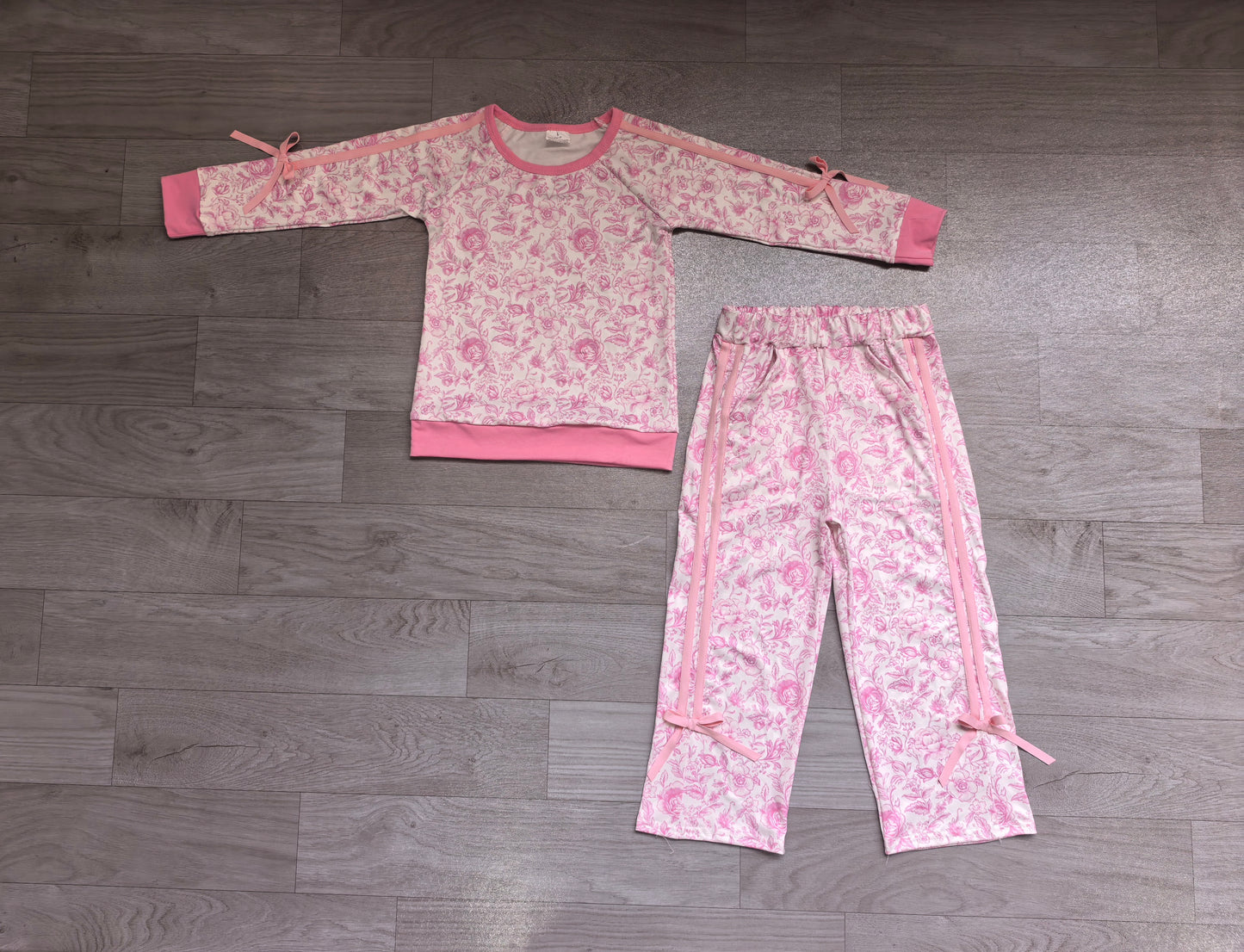 Pink flowers print long sleeve top matching pants girls fall outfit preorder
