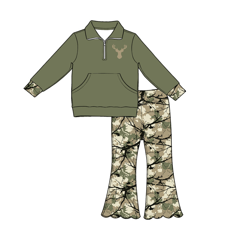 Deer print long sleeve pullover top matching pants girls fall outfit preorder