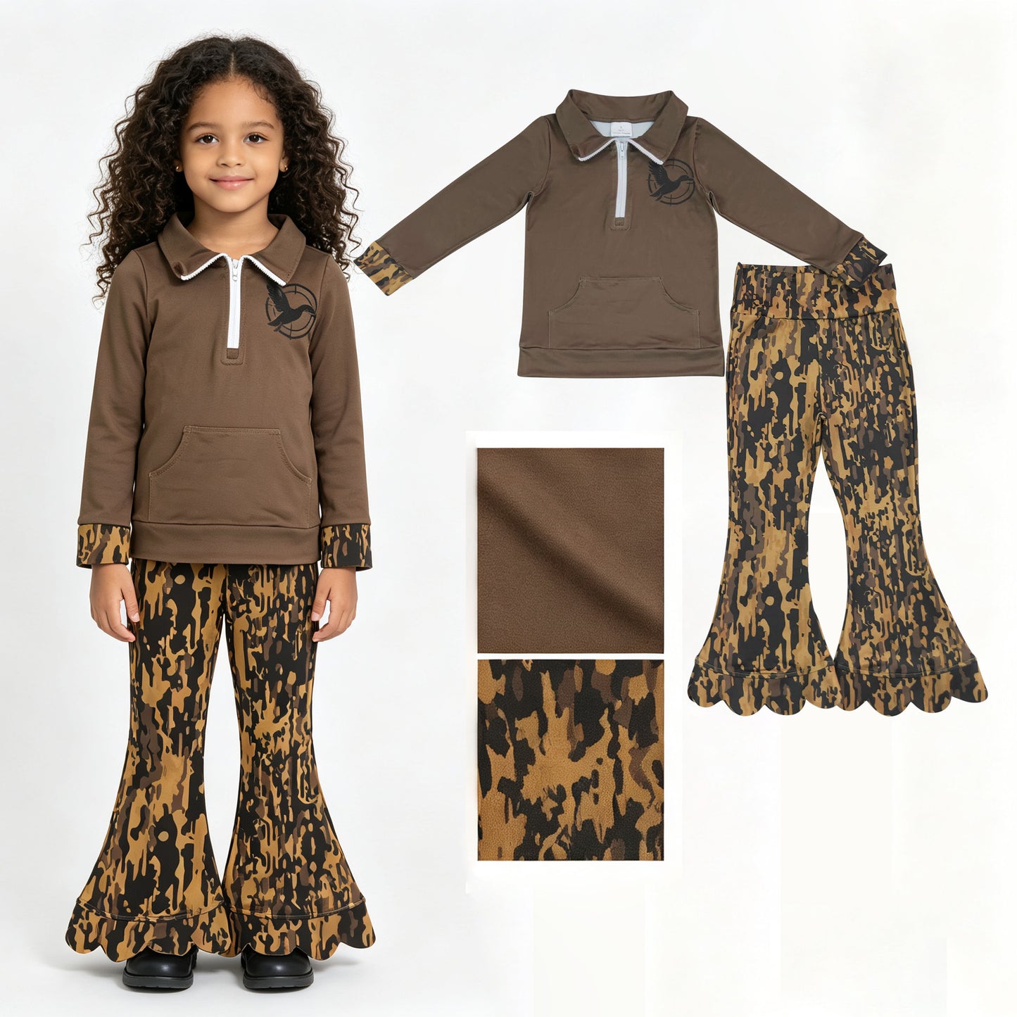 Duck print long sleeve pullover top matching pants girls fall outfit