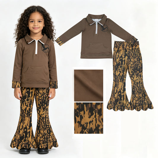 Duck print long sleeve pullover top matching pants girls fall outfit