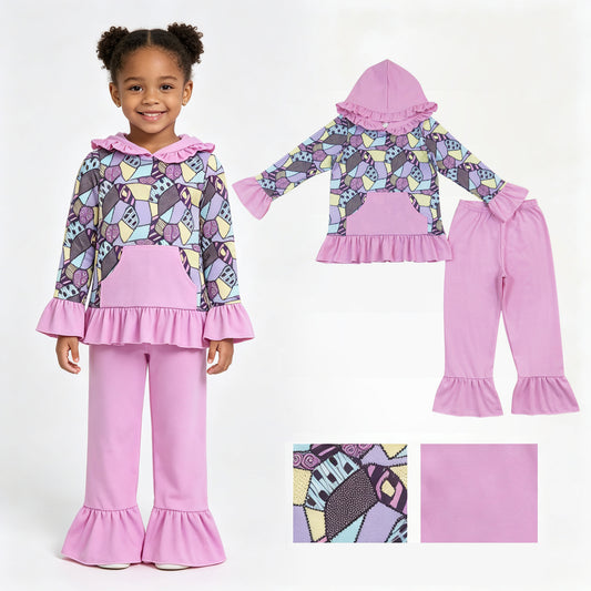 Halloween print girls long sleeve hoodie set outfit